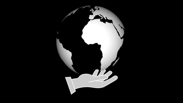 Hand holding globe animation presents planetary continental terrain. Global environmental conservation telemetry guides hand holding globe. Worldwide ecology uses globe.