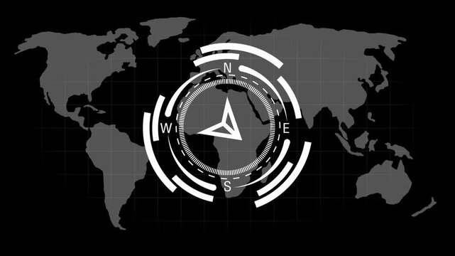 World map animation integrates a directional navigation compass on grid. International territorial tracking telemetry routes on world map. Global cartography guides map.