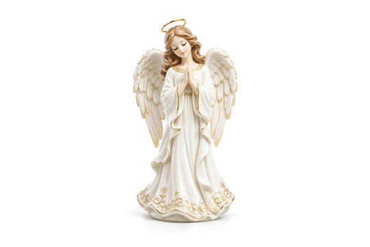 Angel figurine in prayer pose with golden details, symbolizing grace and spirituality on white background