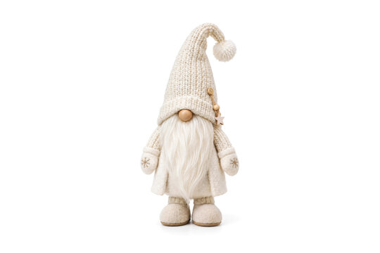 Beige winter gnome with knitted hat standing on white background