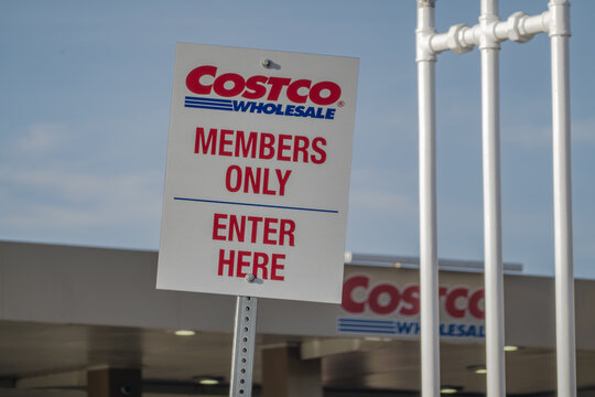 Calgary, AB, Canada. Oct 7, 2026. Eye-level outdoor shot of a Costco Wholesale members only entry sign outdoors.