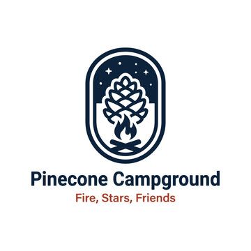 pinecone campfire logo badge for outdoor camping and recreation brand
