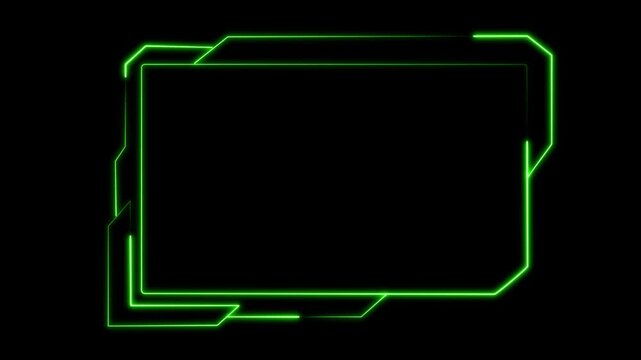 Geometric frame animation outlines futuristic screen border panels on dark. Sci-fi user dashboard telemetry coordinates guide frame. Control consoles use geometric frame.