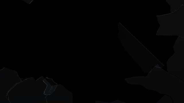 Full screen 3D glass shatter animation with a massive jagged hole and sharp shards remaining around the screen edges. Window smash explosion overlay asset with an alpha channel for video editing.