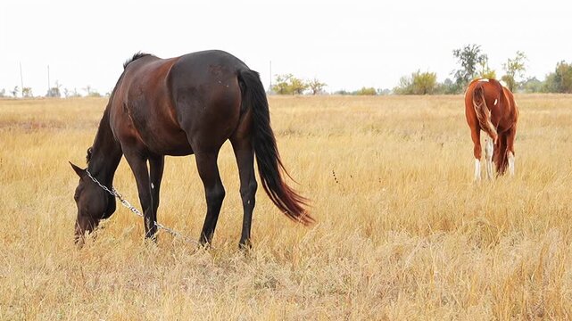 Beautiful domestic horses and young foals grazing and eating dry golden grass on a wide rural pasture field outdoors. Cinematic country wildlife scene of freedom loving mares and colts enjoying. 