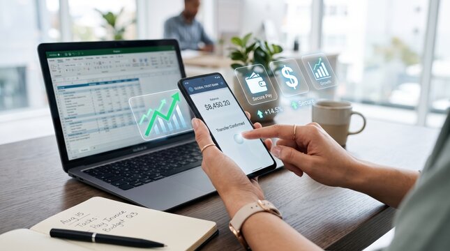 Person using a smartphone for mobile payment and banking while viewing financial growth charts on a laptop screen, representing digital finance online transaction and money