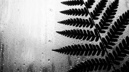 A black silhouette of a fern leaf pressed against a glass window covered in rain droplets with condensation water droplets stands © Aleeza