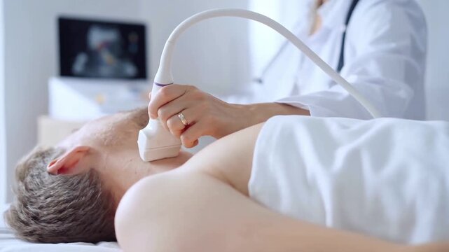 Doctor woman wearing white medical coat performing neck ultrasound exam on male patient. Medicine service concept