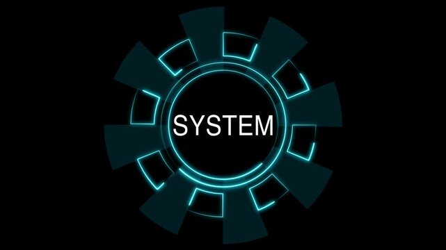 Gear animation displays system text within rotating mechanical cogs. Automated industrial technology telemetry coordinates guide gear animation. Systems drive the gear.