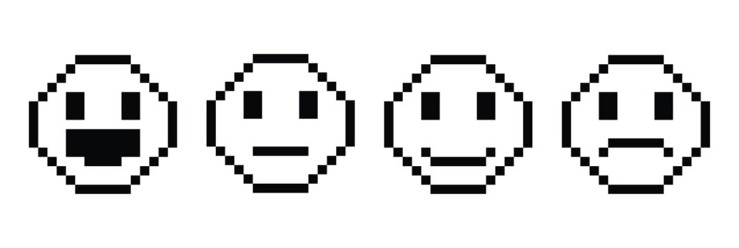 Pixelated Emotion Scale: A row of pixel art faces displays a spectrum of emotions, from ecstatic joy to deep sadness, illustrating varying levels of sentiment.