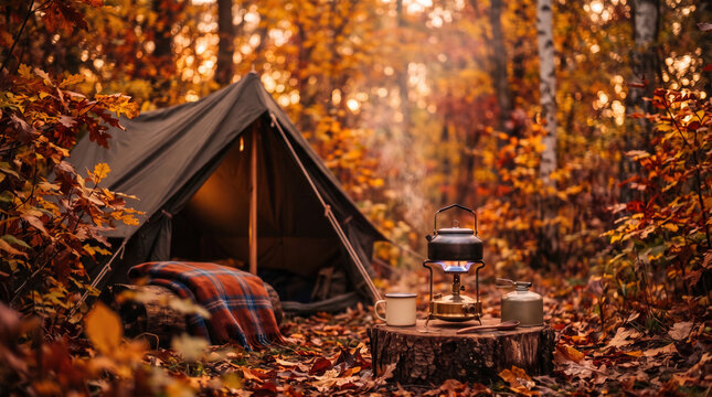 Autumn camping stove beside forest tent in vibrant fall colors  