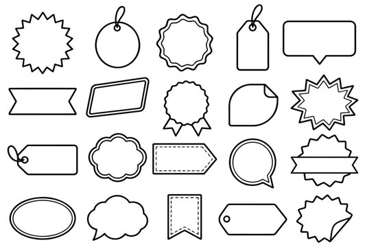 Set of various empty black outline sale tags and labels featuring geometric shapes badges and banners presented on transparent background