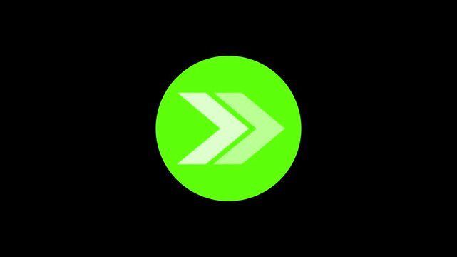 Chevron arrow animation pulses inside an illuminated circular frame. Directional user interface navigation routes along chevron arrow. Play controls use the arrow.