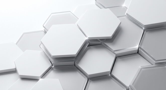 Abstract background featuring white hexagonal tiles arranged in a geometric pattern with soft lighting with three dimensional