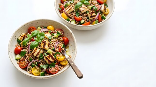 Two bowls of farro salad with grilled halloumi, cherry tomatoes, cucumber and fresh basil.
