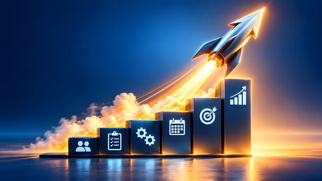 3D render of rocket launching from financial growth bar charts with business icons, symbolizing rapid success, startup progress, and upward economic trajectory