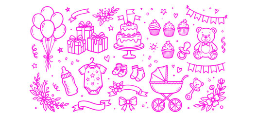 Fototapeta premium Baby Shower Celebration Party Doodle Collection with Balloons Gifts Baby Bottles Cakes Toys Clothes Flowers and Cute Nursery Decorations