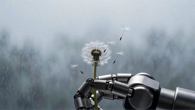 Robotic hand holding dandelion seeds against misty background