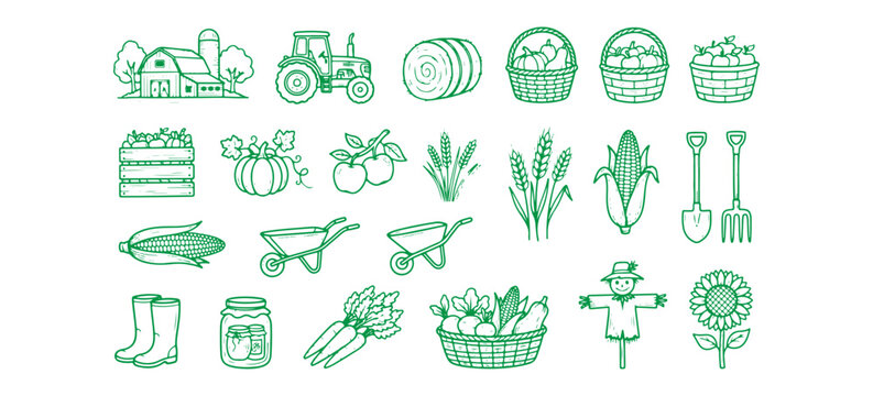 Green farm icon set, hand-drawn vector agriculture symbols, gardening plants and tools, tractor harvest sketch collection