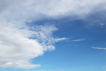 Obraz premium Landscape sky blue, white big hunk lump cloud obscuring sun beautiful with bright sunlight nature background. Take photo panorama. Abstract texture. Space to enter text between sky and clouds. 