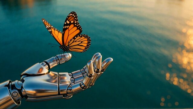 Robotic hand reaching for monarch butterfly at sunset
