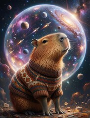 Fototapeta premium Funny capybara wearing colorful knitted sweater looks at galaxy in space. Cute rodent animal sits in cosmic background with planets, stars, rockets. Whimsical fantasy illustration for sci-fi concept