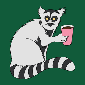 Portrait Vector Illustration of a Lemur Drinking Black Coffee from a Pink Paper Cup Isolated on Green Forest Background