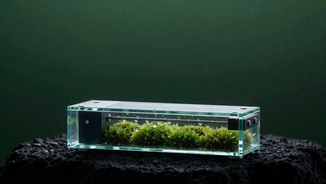 Modern glass moss terrarium with condensation on dark stone