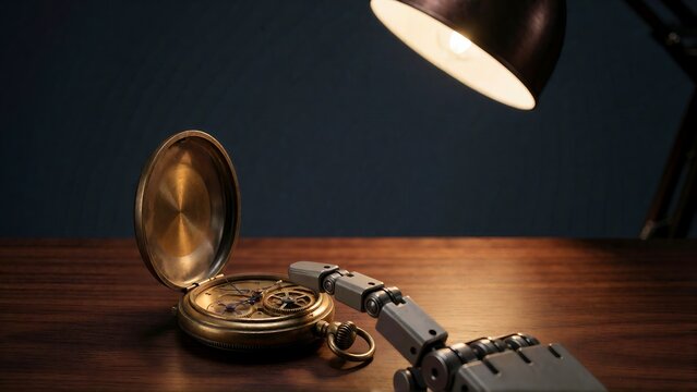 Robotic hand touching vintage pocket watch mechanism