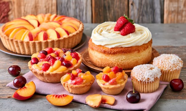 a rustic composition of a peach fruit tart, a cake with white frosting and a few strawberries on the top, cupcakes with coconut shavings