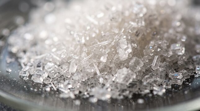 Crystalline white sugar grains in macro detail, pile of sweet granulated sugar crystals, pure sucrose food ingredient on dark surface