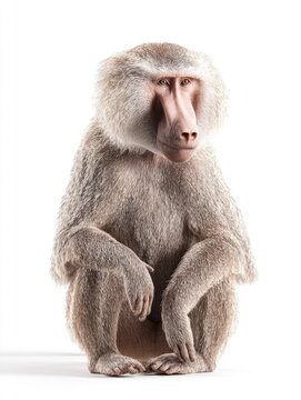 Adult Baboon Sitting With Textured Brown Fur Isolated On Bright White Background Studio Portrait