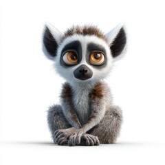Fototapeta premium Cute Cartoon Lemur Sitting On White Background With Detailed Fur Texture And Large Expressive Eyes