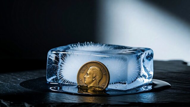Gold coin frozen in melting ice block on dark surface