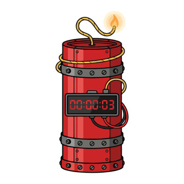 Red dynamite bomb bundle with digital tnt timer and burning fuse countdown