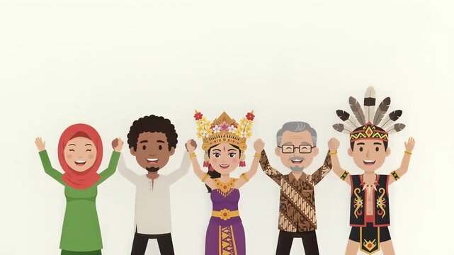 Diverse Indonesian People Group Standing Together Wearing Traditional Cultural Costumes Vector Illustration