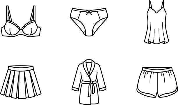 Minimalist black and white vector line art icon set featuring women undergarments lingerie bra panties camisole robe skirt and shorts for boutique apparel