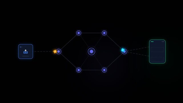 Seamless data transfer animation, illustrating digital network connection from upload interface to server with glowing nodes and email icons, symbolizing cloud computing, information flow
