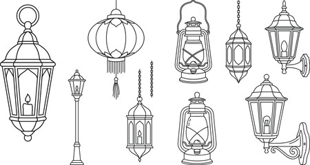 Minimalist black and white vector line art icon set featuring vintage lanterns street lamps kerosene lights and decorative hanging oriental lamps for graphic design © mstHira