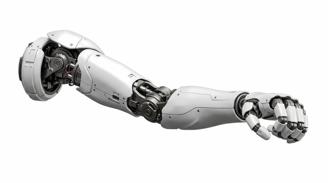 Futuristic robotic arm with white mechanical plating, advanced bionic limb for prosthetic technology, cyborg hand isolated on white background