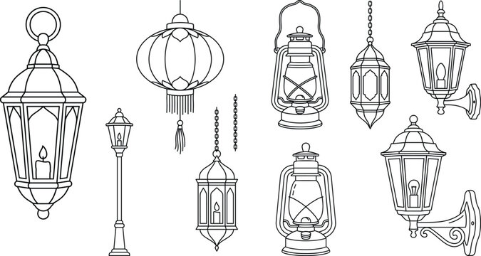 Minimalist black and white vector line art icon set featuring vintage lanterns street lamps kerosene lights and decorative hanging oriental lamps for graphic design
