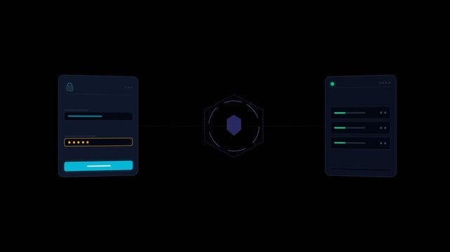 Animated cybersecurity login interface transitioning to data processing, with pulsating security shield, symbolizing digital protection, data transfer, and secure access