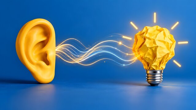 Conceptual representation of active listening leading to creative inspiration with a yellow ear model connected to a glowing crumpled paper lightbulb via energy waves on a blue background
