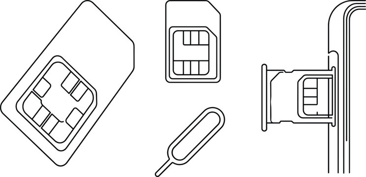&bull; Mobile phone SIM card vector icon set featuring nano micro chips, ejector pin tool, and smartphone slot tray for cellular network connection guides.