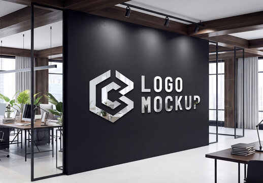 Logo on Modern Office Black Wall Mockup - Perspectice View