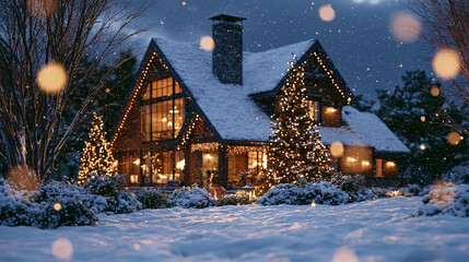 Fototapeta premium Winter house decorated with glowing string lights and a christmas tree, snow covering the roof and ground, creating a festive scene