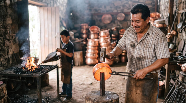 Artisan coppersmith hammering glowing hot copper pot in traditional forge