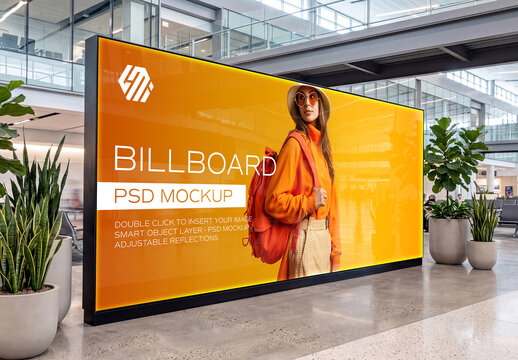 Long Horizontal Billboard in Bright Airport Interior Mockup