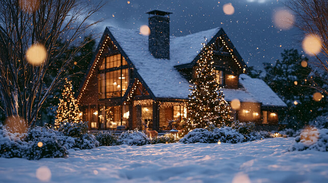 Winter house decorated with glowing string lights and a christmas tree, snow covering the roof and ground, creating a festive scene