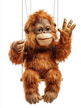 Furry Orangutan Puppet On A Swing Waving Hello On White Background